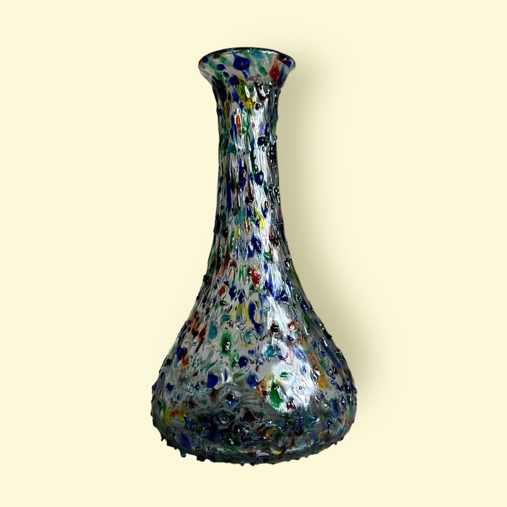 Clear And Colorful Hand Blown Slim Neck Confetti Glass Vase Home Decor 10” Tall